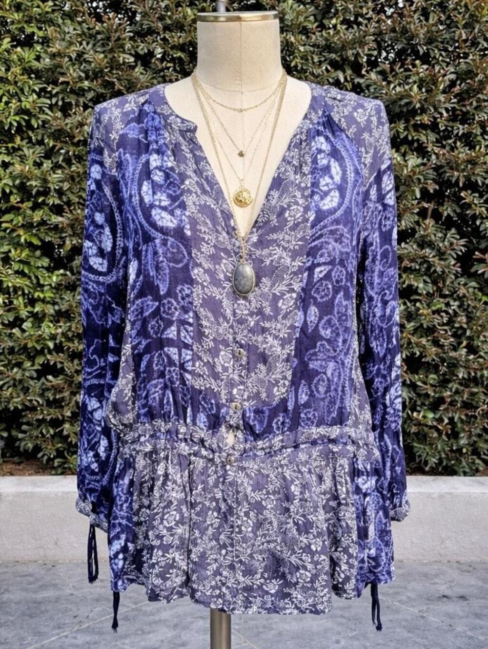 Free People Drop Waist Paisley Blue Tunic Long Sleeve Top Boho Hippie Small